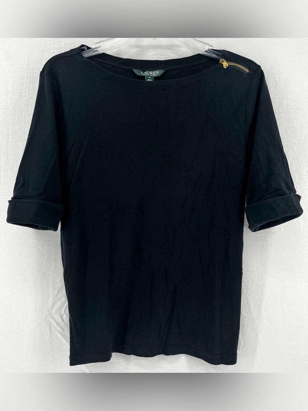 Ralph Lauren black cotton gold shoulder zip cuffed tee 1X